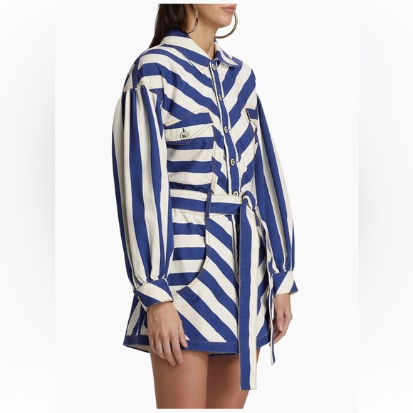New! Farm rio Large blue combo striped long sleeve romper. - Picture 2 of 14